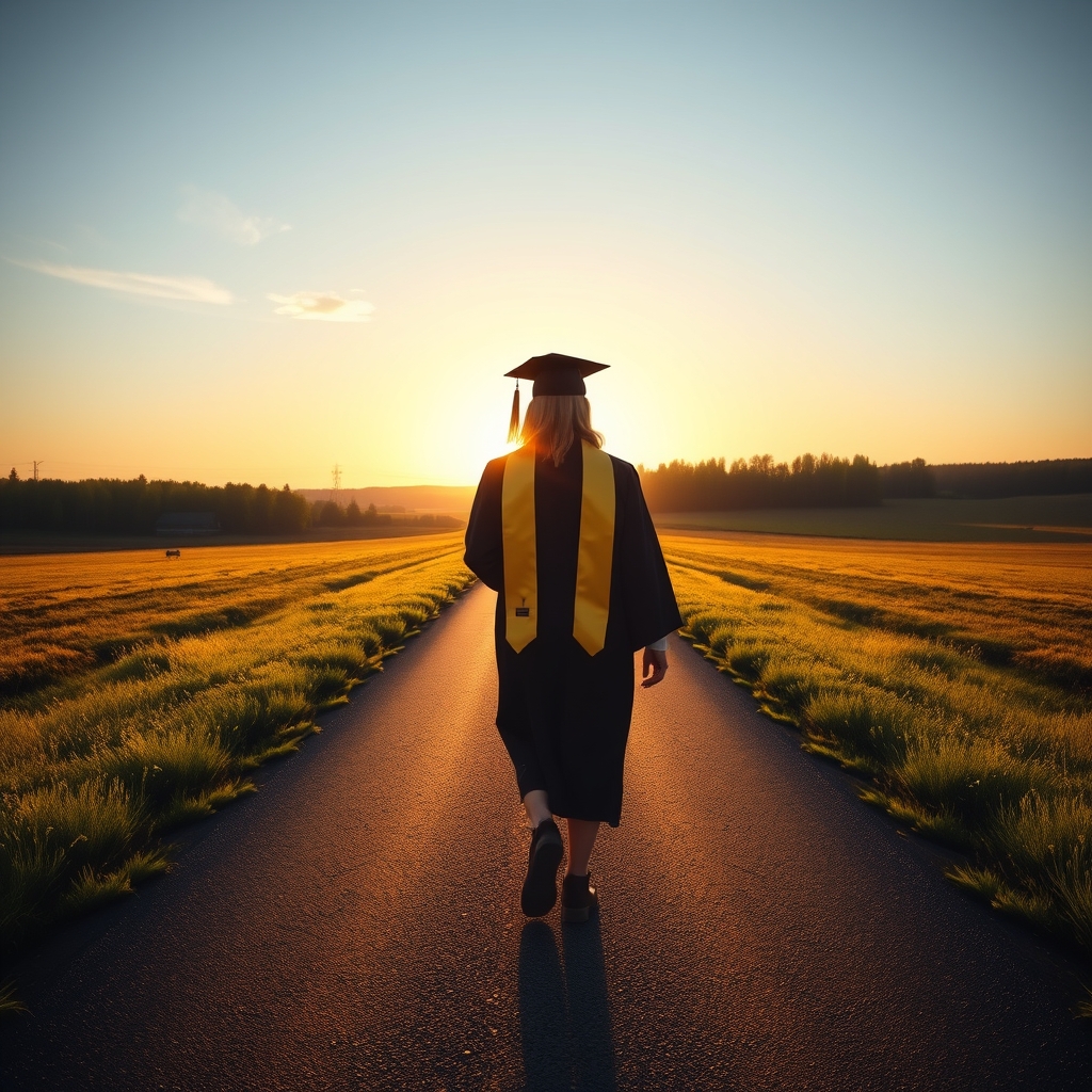 Lõpetaja avatud tee ees, sümboliseerides tulevikuteed pärast keskkooli